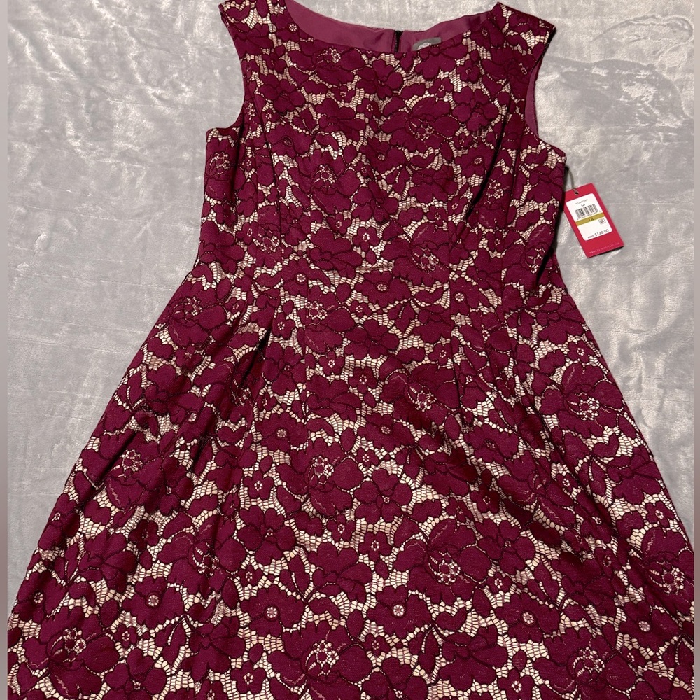 Vince Camuto Women's Dress Size 14 Fuchsia/Burgundy Floral Lace with Pockets